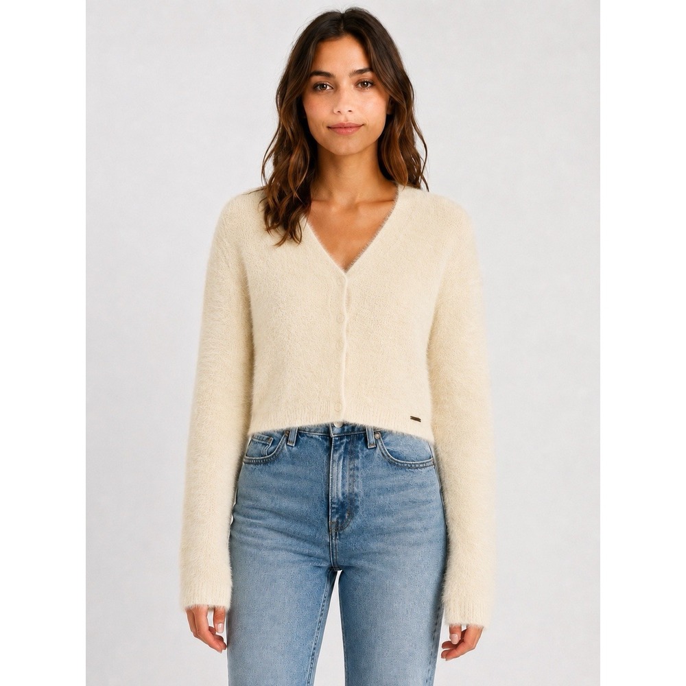 Hollister Women M Ivory Fuzzy Cropped Cardigan Sweater Coquette Balletcore